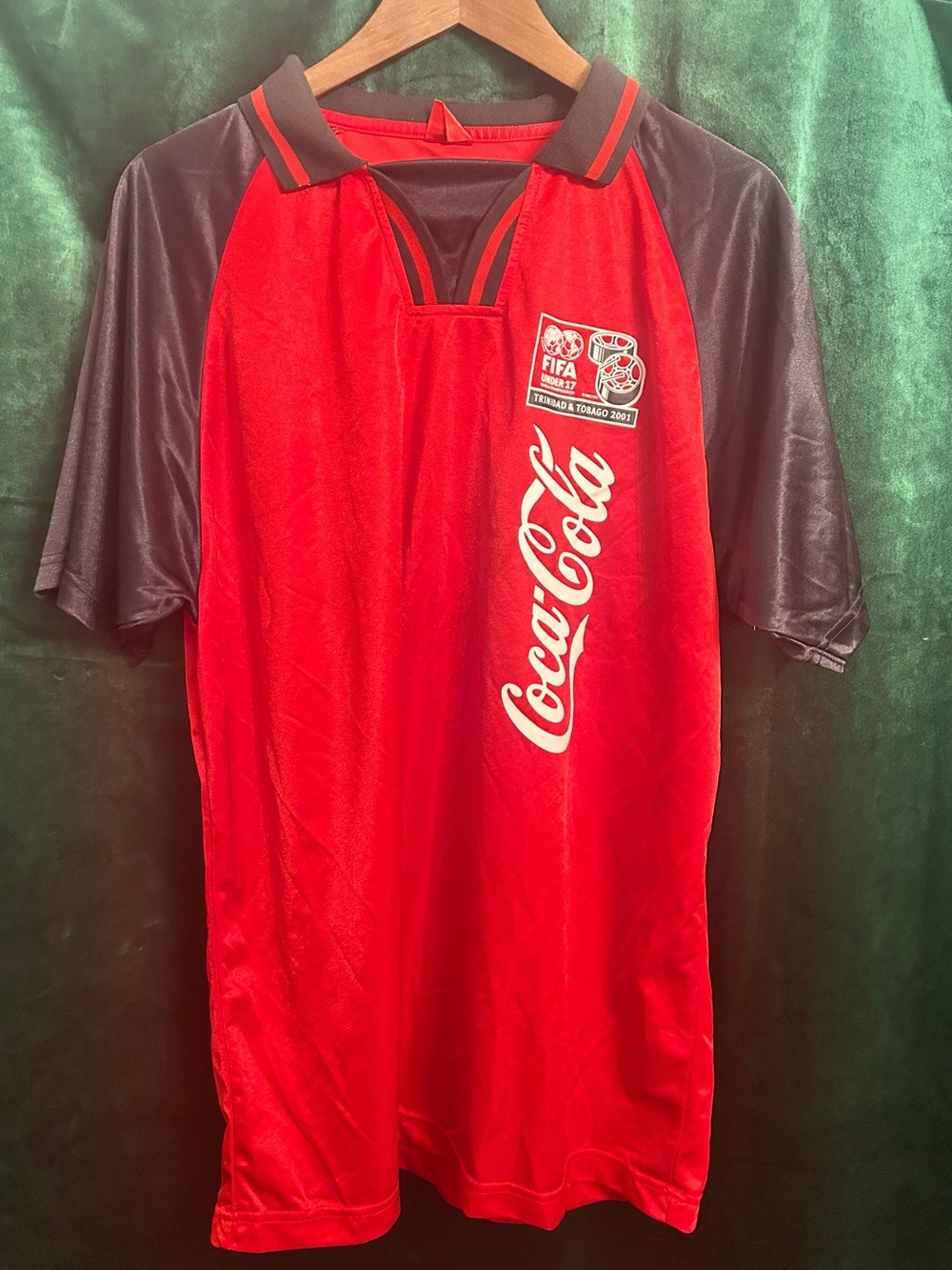 Coca Cola Red and Black U17 World Cup 2001 merch Jersey with Vertical Logo